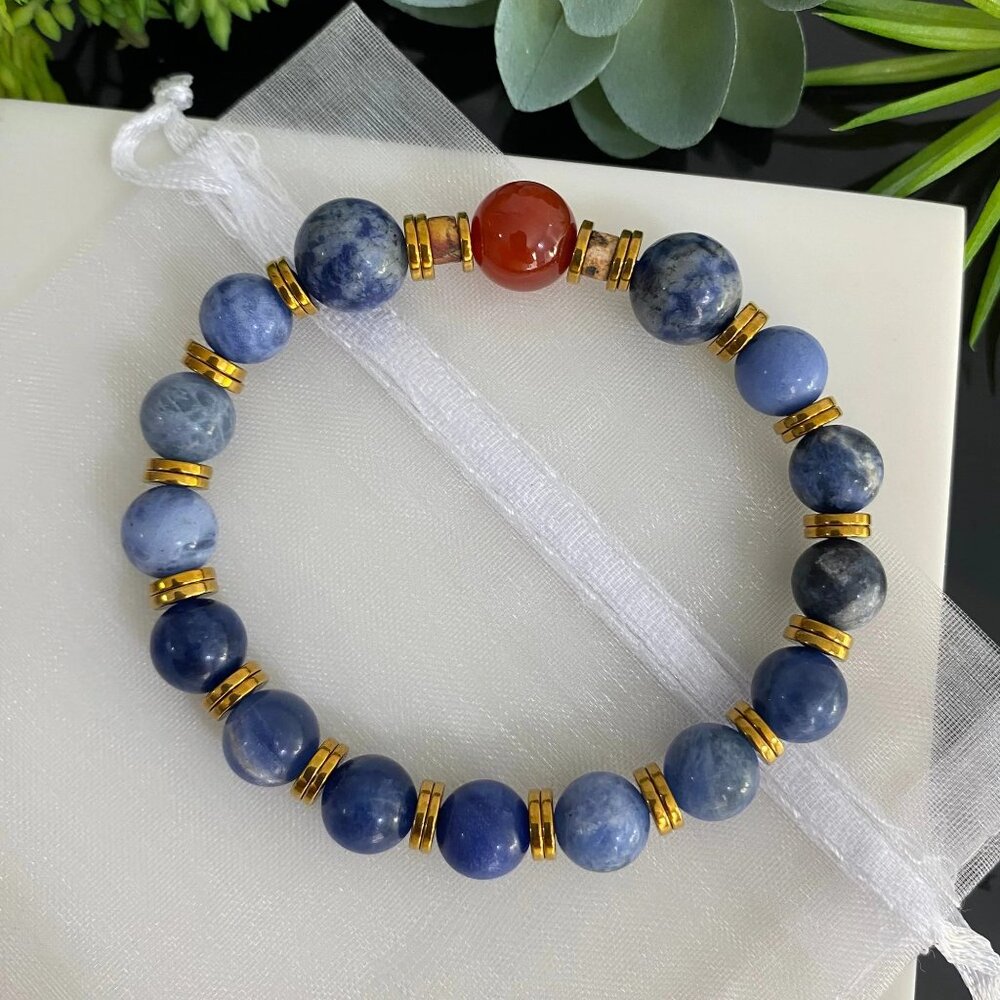 Hematite Gold Plated Sodalite & Carnelian Beaded Bracelet